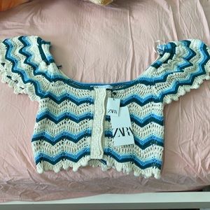 NWT ZARA Blue and White Crochet Knit Top